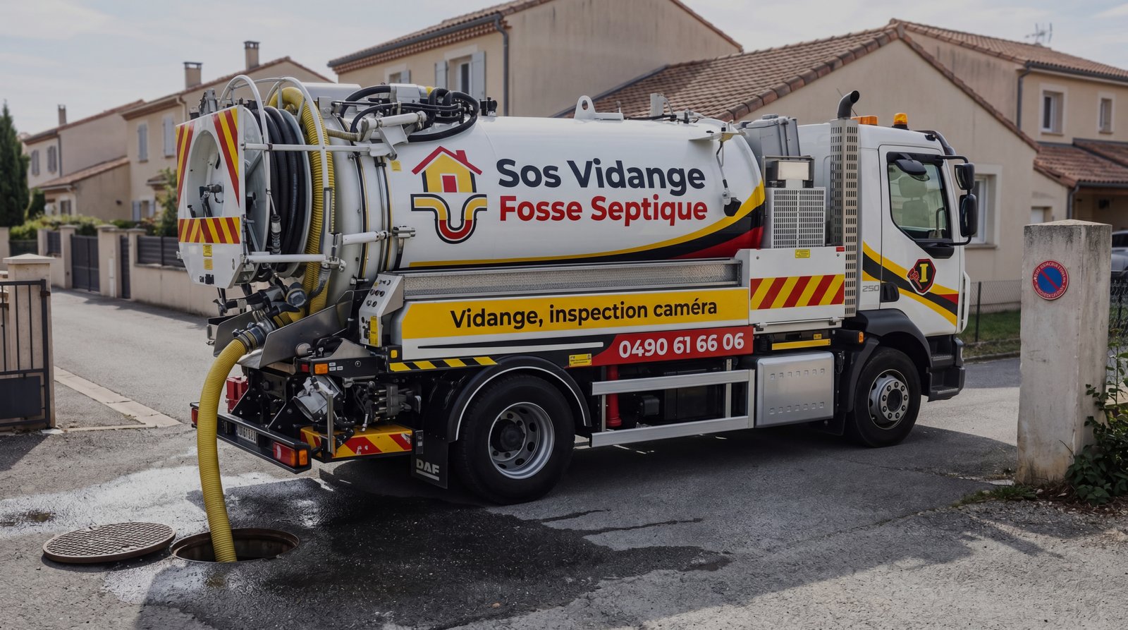 Technicien et camion hydrocureur vidangeant une fosse septique en Belgique